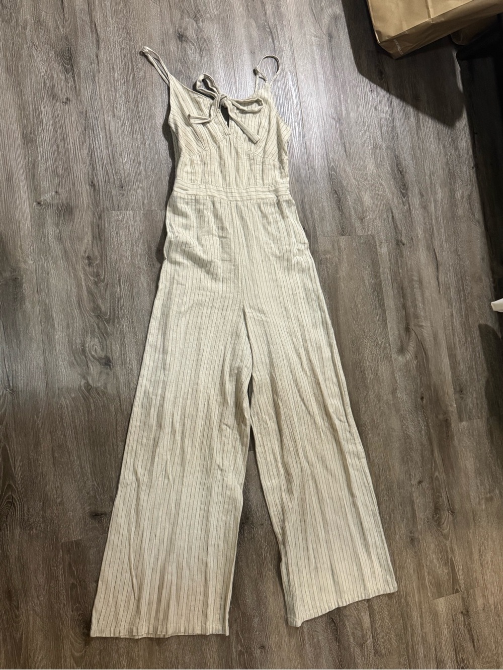 Linen-Blend Tie-Front Wide-Leg Jumpsuit in Cream